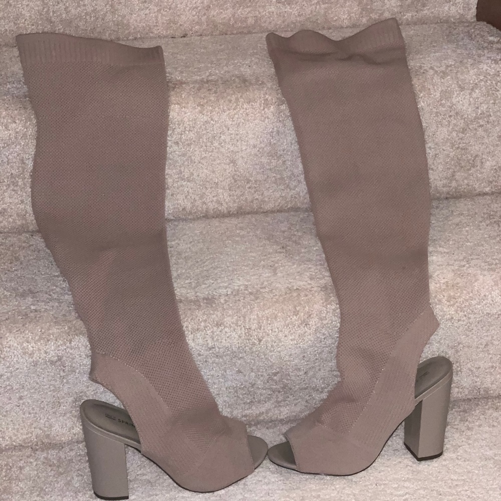 Thigh high open toe boots